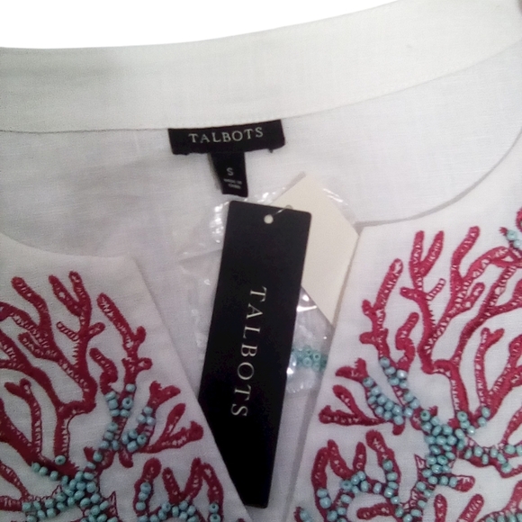 Talbots Women's Beaded V Neck Coral Tree Tunic Breezy 3/4 Sleeve Linen Dress S, - Picture 3 of 8